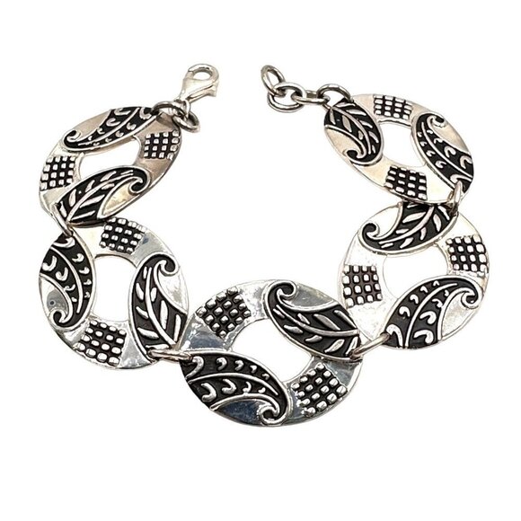 Designer Mexico Sterling Silver Patterned Oval Link 7 Inch Bracelet - Picture 1 of 5